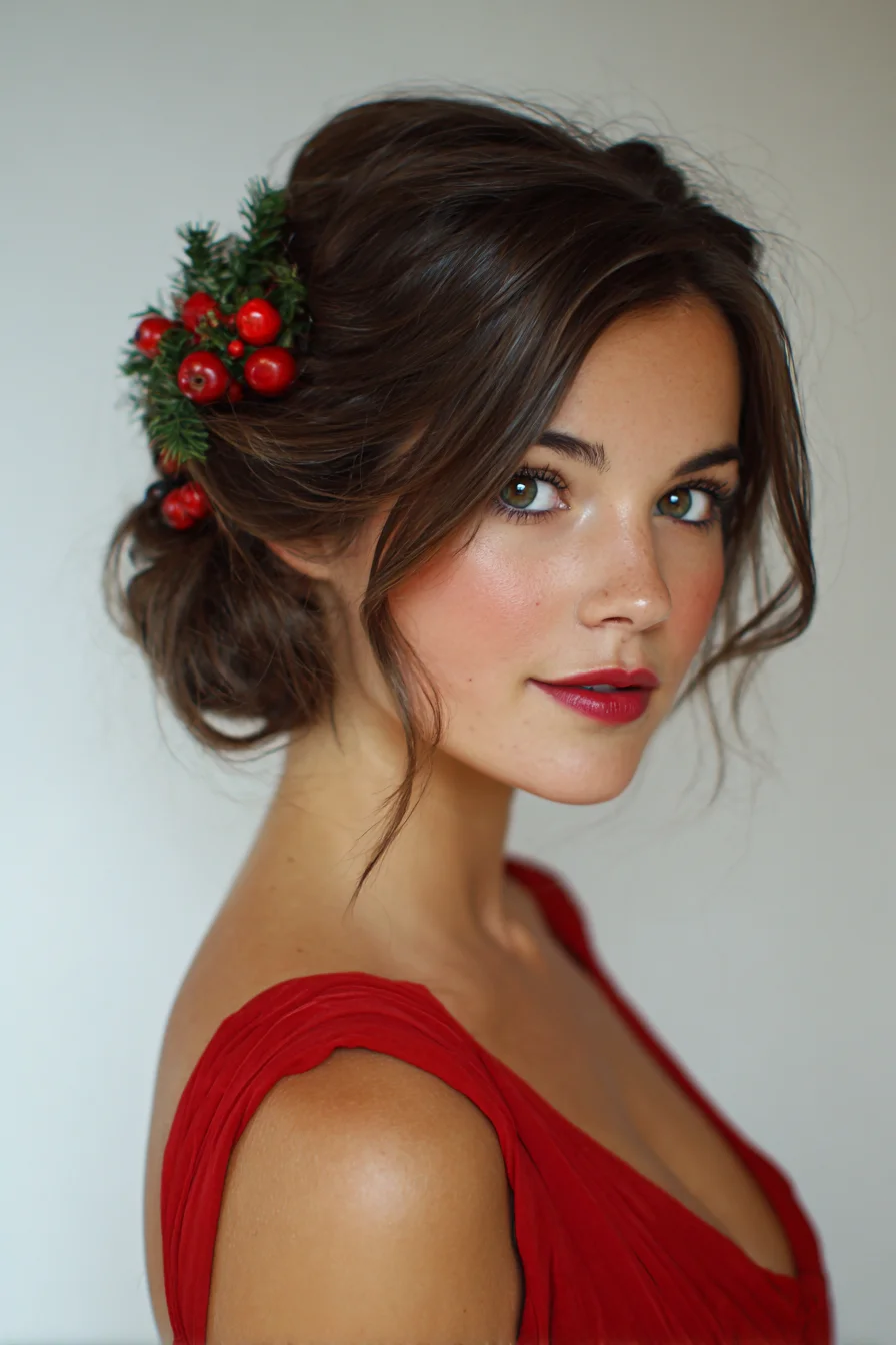 Romantic Low Messy Updo with Seasonal Berry Hairpiece