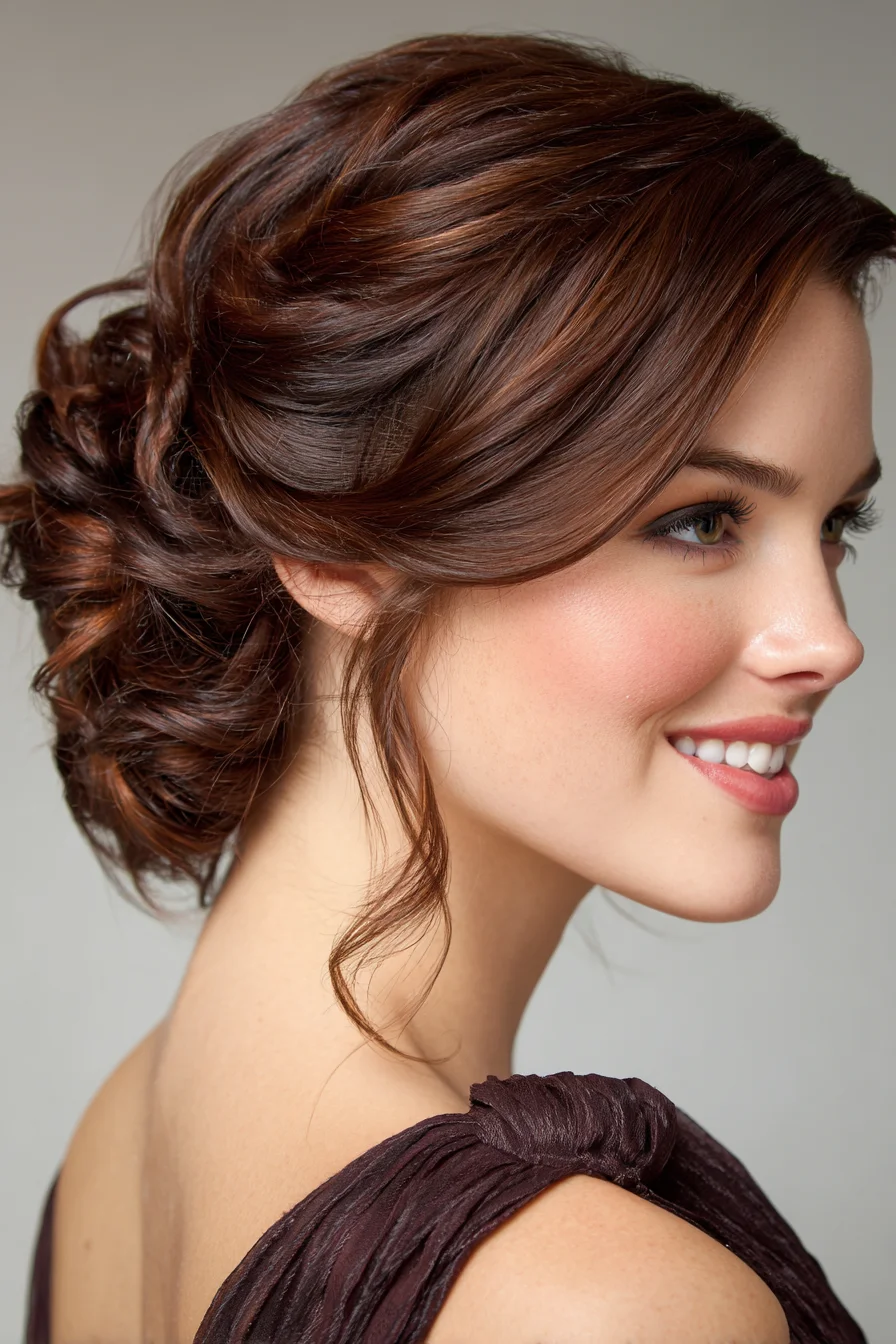 Romantic Low Textured Updo with Face‑Framing Tendrils