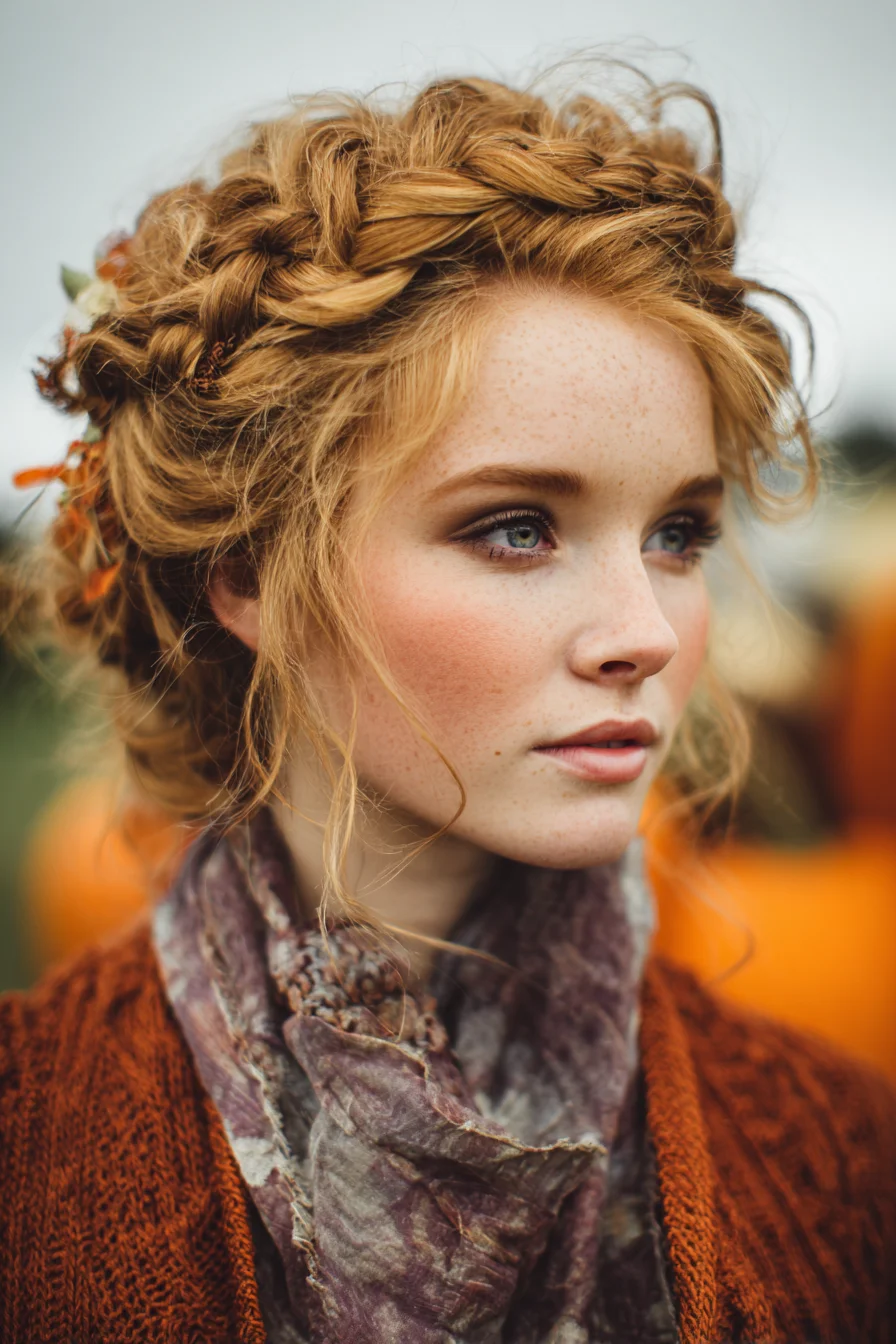 Romantic Messy Crown Braid Updo for Wavy to Curly Hair