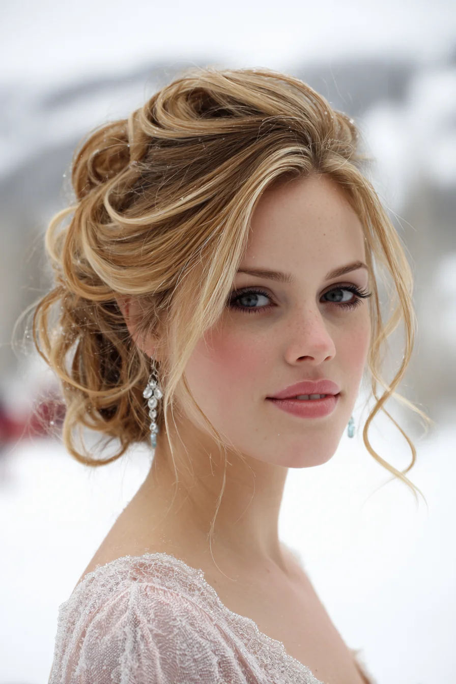 Romantic Textured Bridal Updo with Loose Curls and Face‑Framing Tendrils