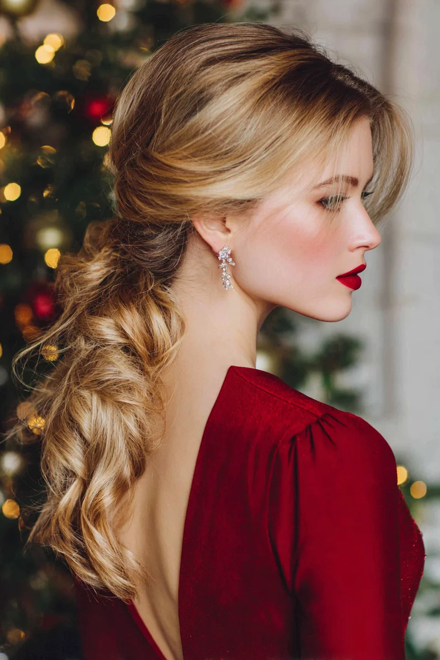 Romantic Textured Low Ponytail with Soft Waves and Face‑Framing Pieces