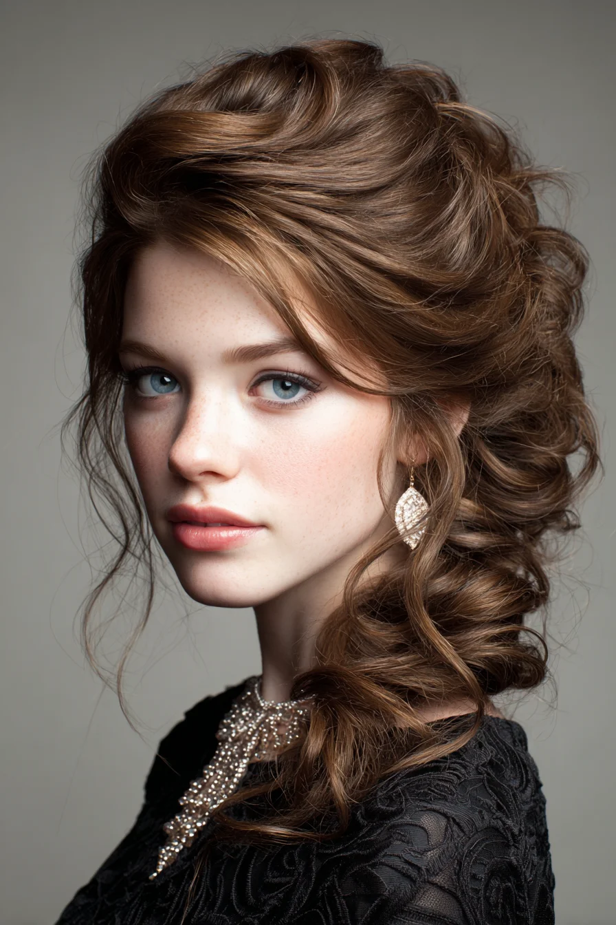 Romantic Textured Side‑Swept Low Chignon with Loose Waves
