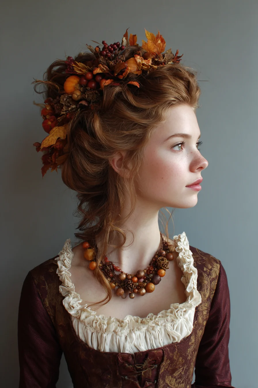Romantic Victorian-Style Voluminous Updo with Autumn Floral Accents