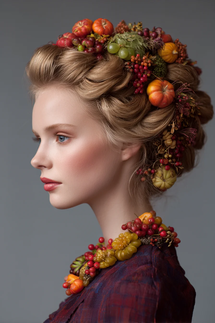 Romantic Vintage Rolled Updo with Autumn Fruit Accents