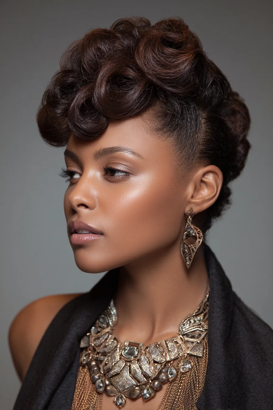Sculpted Finger-Wave Updo with Rolled Curls — Short to Mid-Length Textured Hair