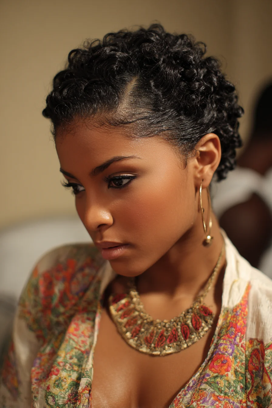 Short Finger-Wave Curls with Sleek Side Part for Natural Hair