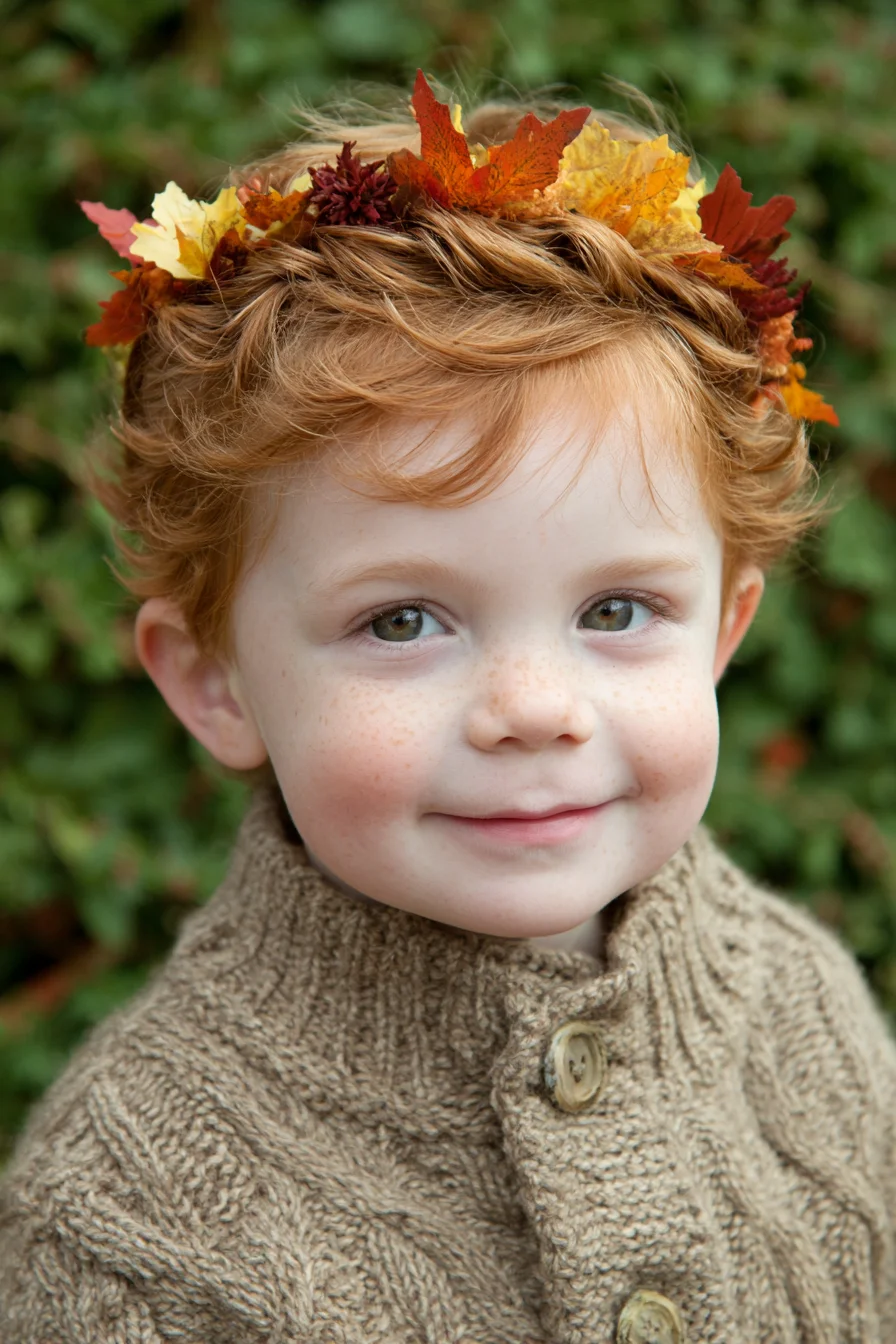 Short Tousled Red Curls with Braided Autumn Leaf Crown