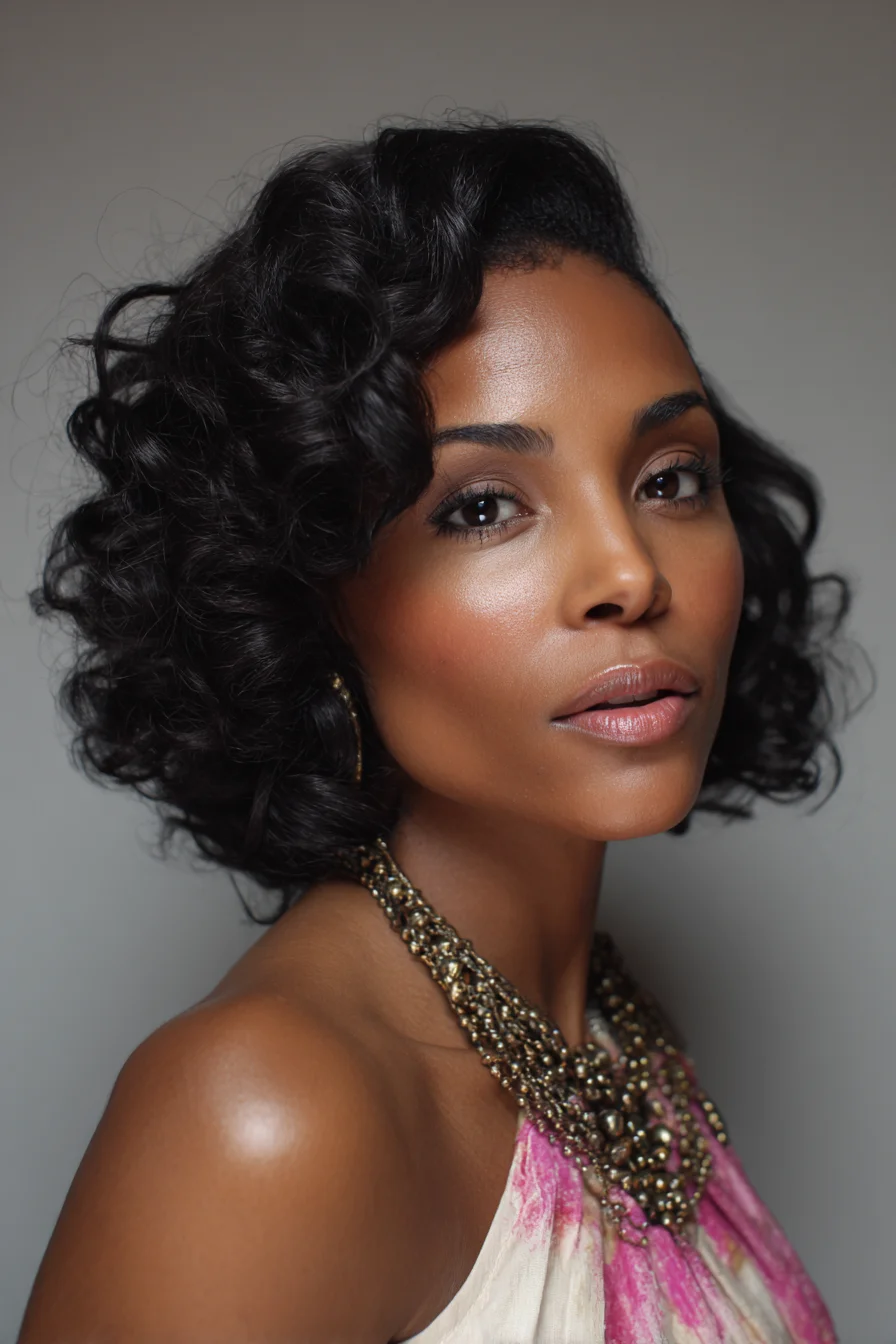 Short Voluminous Curly Bob — Defined Natural Curls with Lifted Side Part