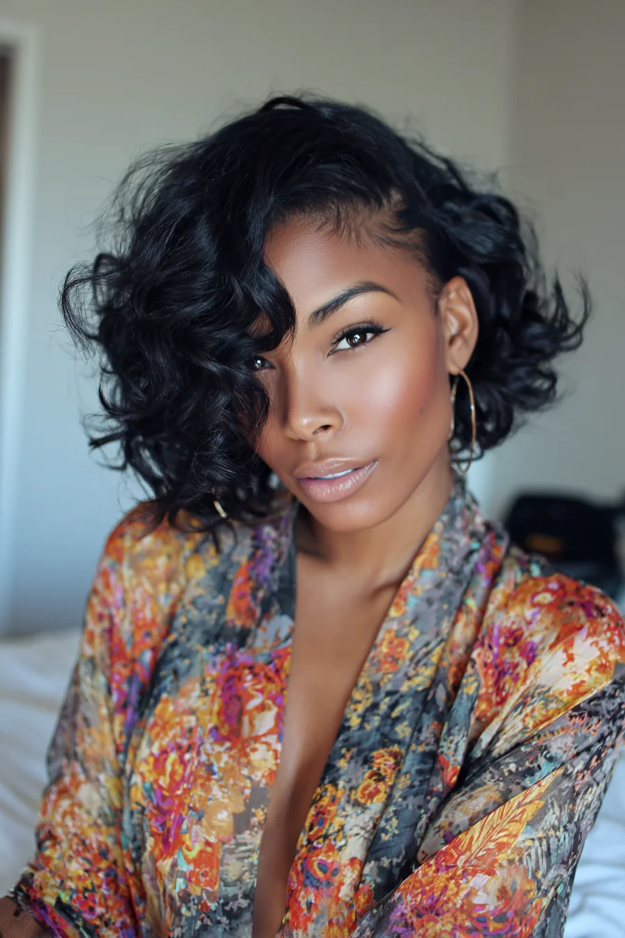 Short Voluminous Curly Bob with Deep Side Part