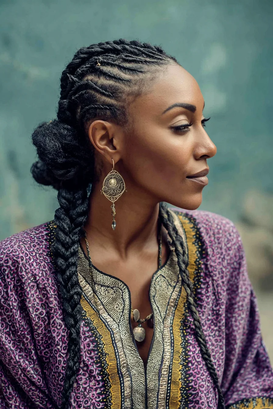 Side Cornrow Feed-In Braids into Low Braided Bun