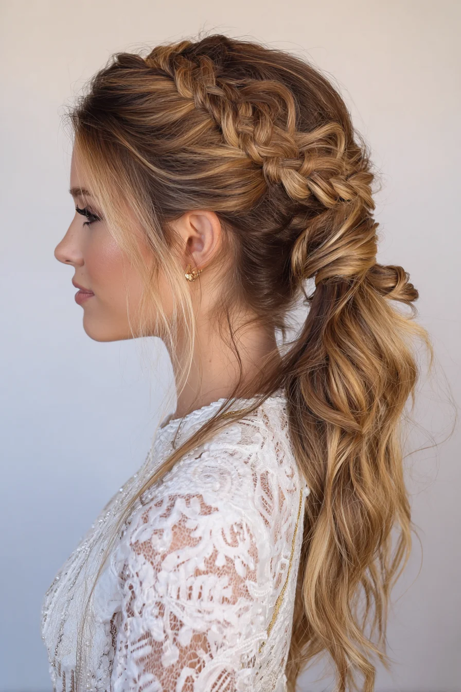 Side Dutch Braid into Textured Low Ponytail — Romantic Boho Look