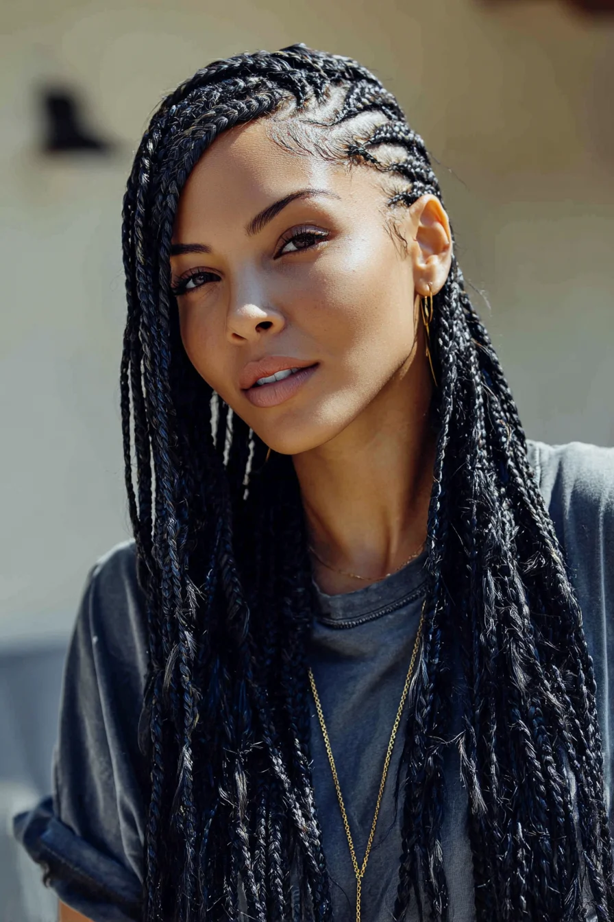 Side-Swept Feed-In Cornrows with Long Box Braids