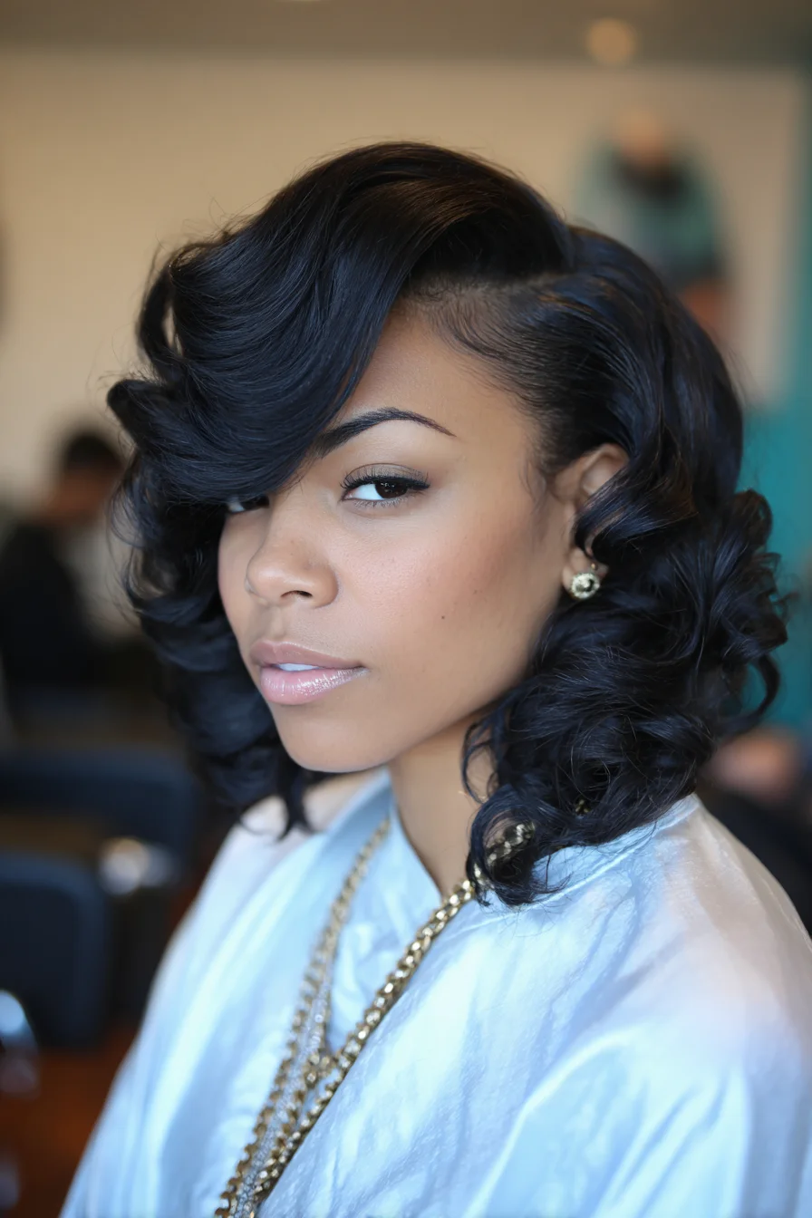 Side-Swept Voluminous Barrel Curls - Polished Medium-Length Bob