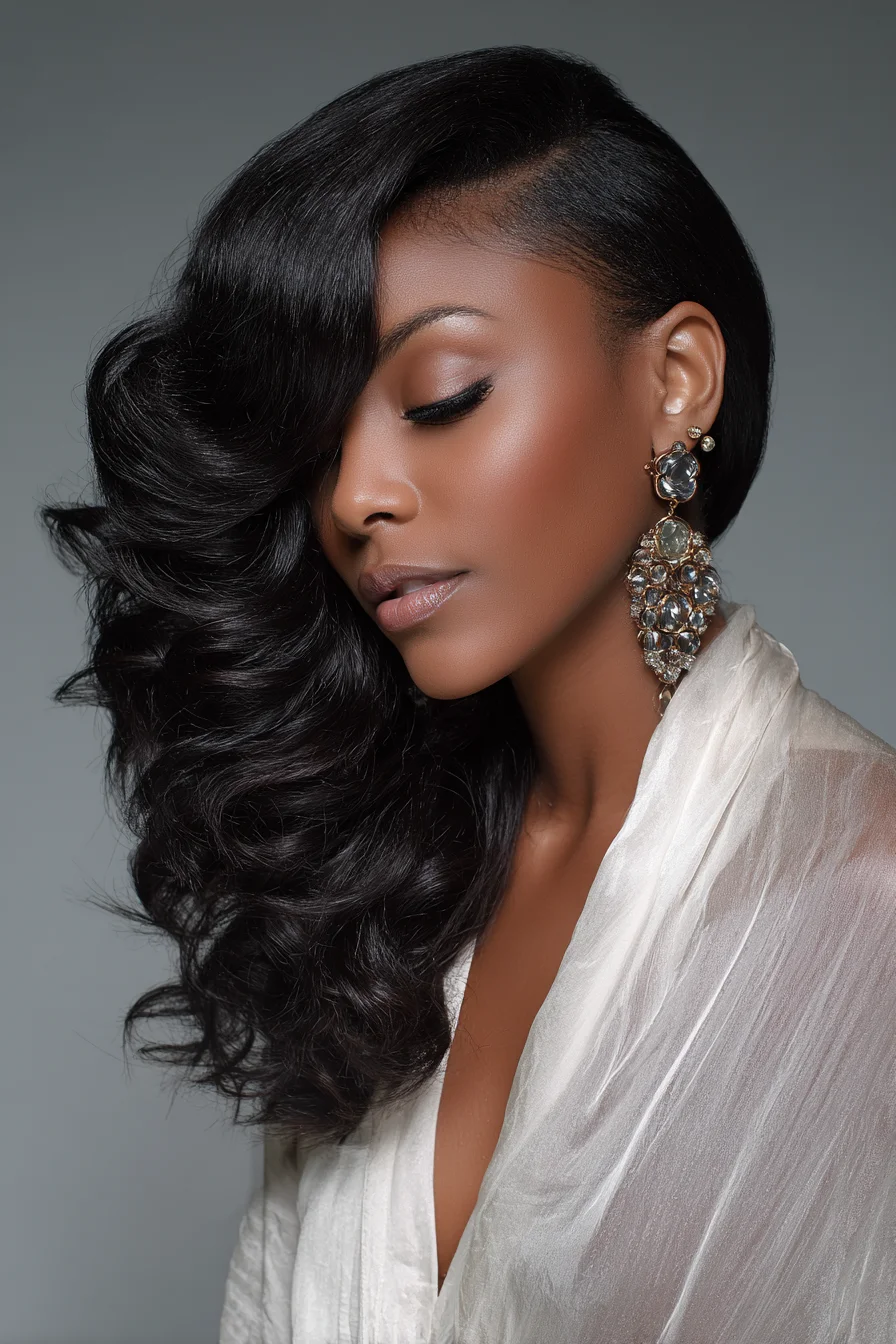 Side‑Swept Voluminous Glam Waves with Deep Part and Smooth Finish