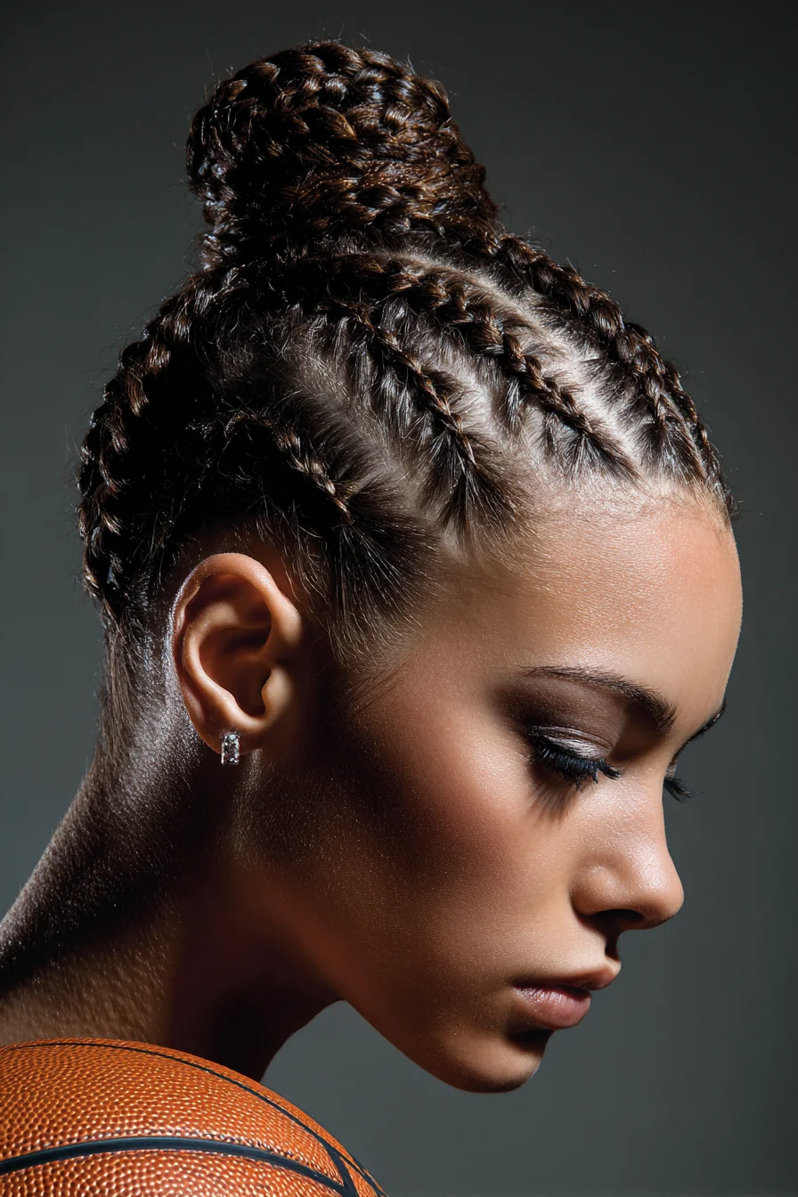 Sleek Cornrow Braids Gathered into a High Braided Bun