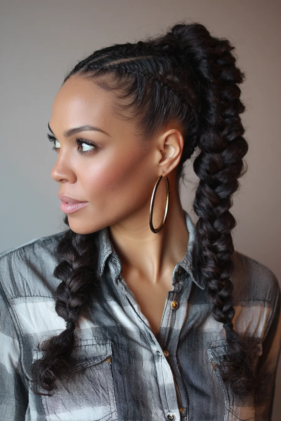 Sleek Cornrowed High Pony with Chunky Double Braids — Edges Slicked