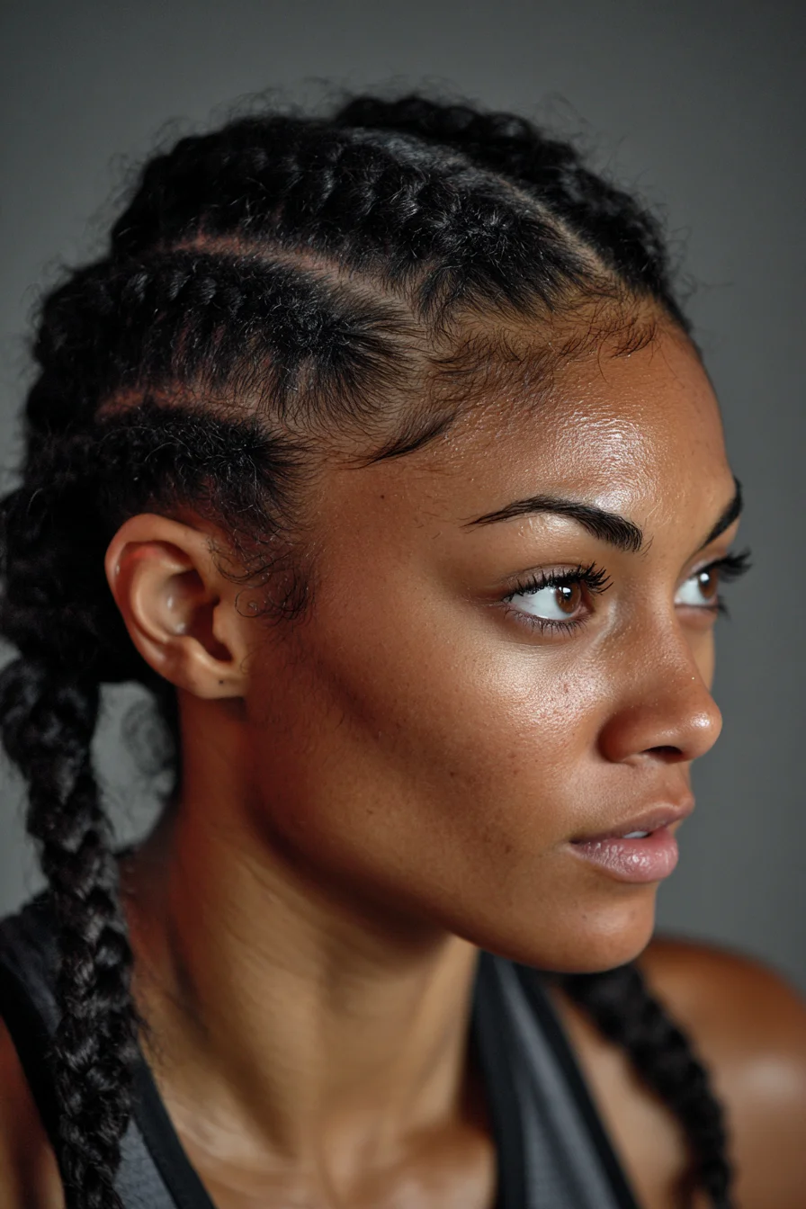 Sleek Cornrows into Two Long Braids with Laid Edges