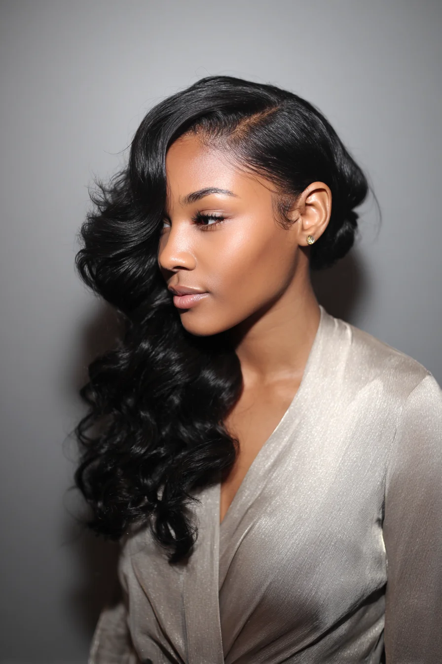 Sleek Deep Side Part Hollywood Waves — Long Glossy Vintage Curls