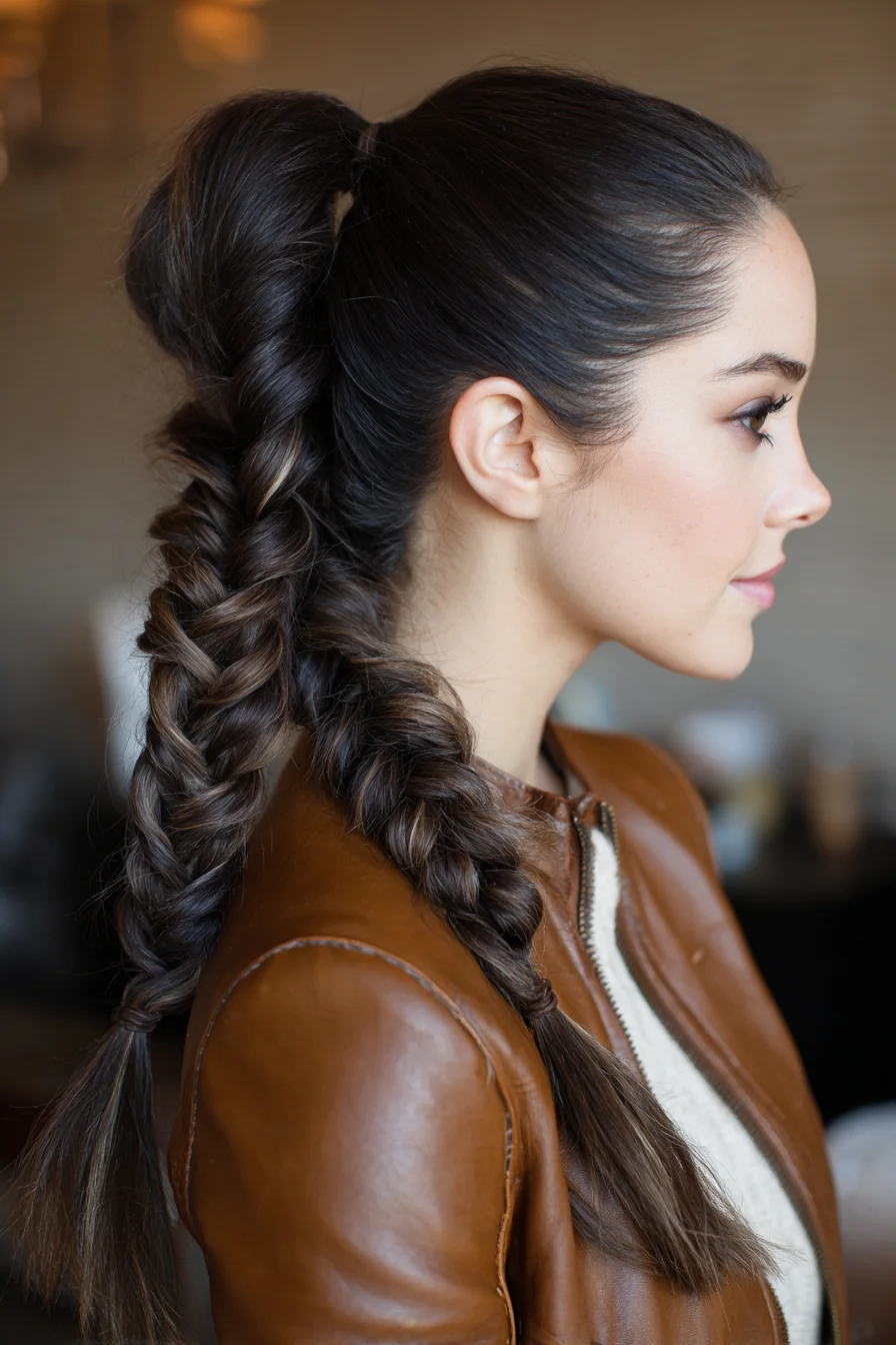 Sleek High Pony with Double Fishtail Braids