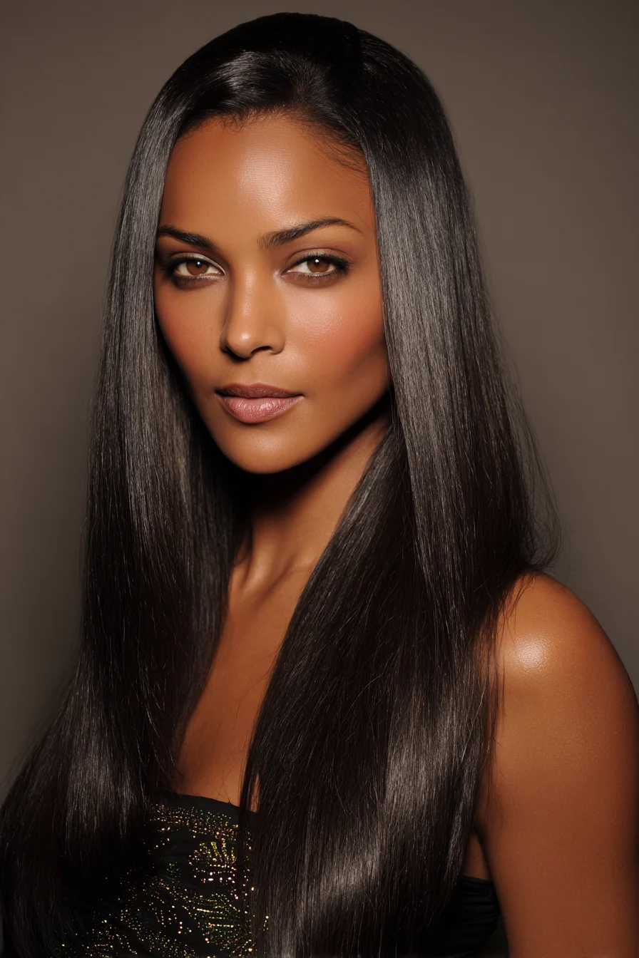 Sleek Long Center-Part Straight Hair — Glossy Flat-Iron Finish
