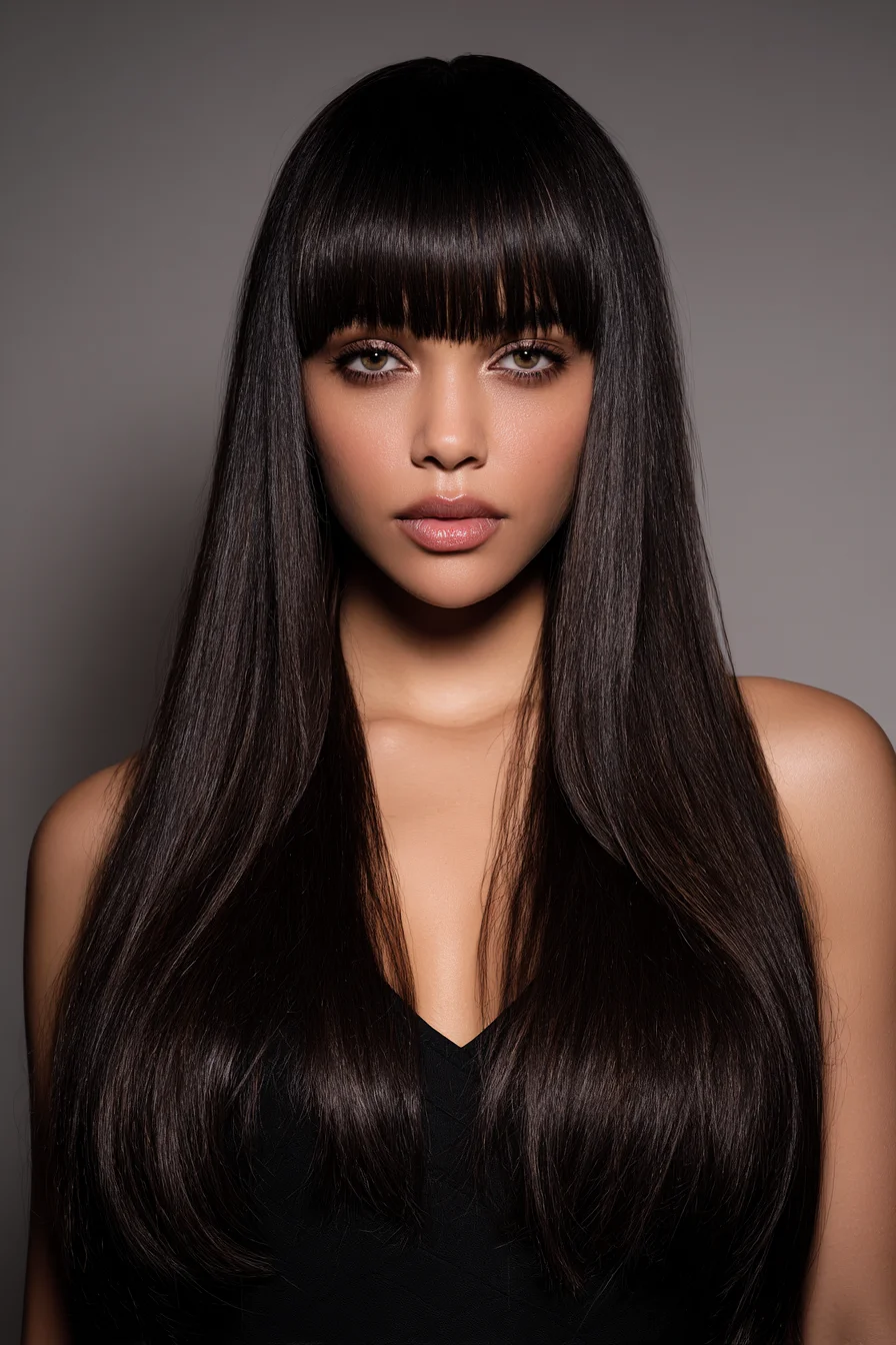 Sleek Long Layers with Blunt Fringe — Straight, Glossy Hairstyle