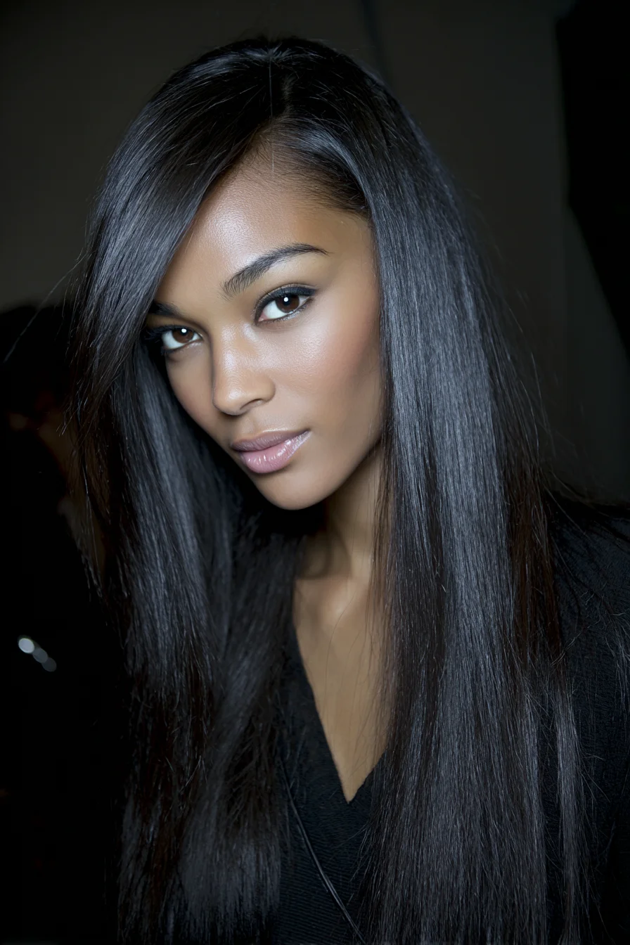 Sleek Long Straight Hair with Deep Side Part and Face‑Framing Layers
