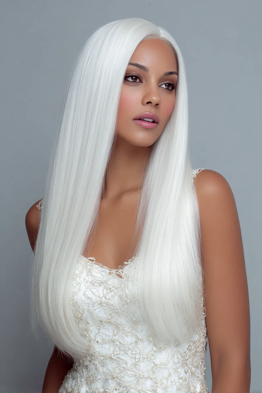 Sleek Platinum White Long Straight Hair with Center Part