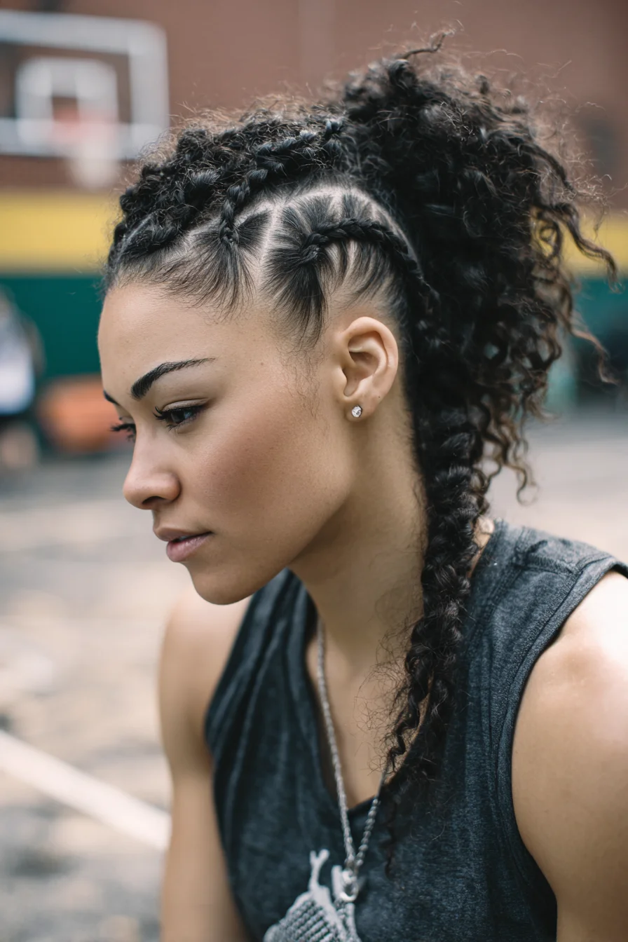 Sleek Side Cornrows into High Curly Ponytail