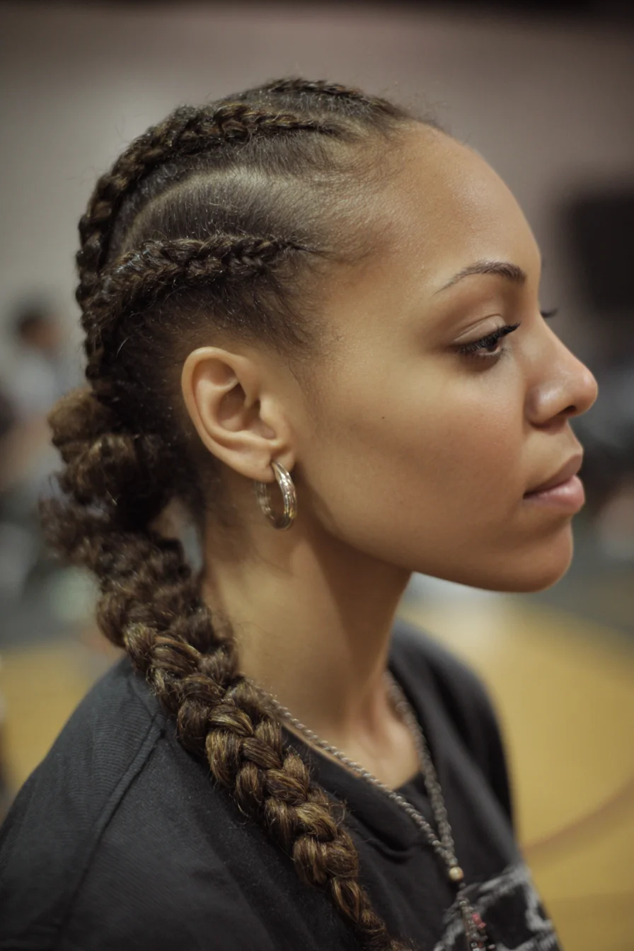 Sleek Triple Cornrows Leading to a Thick Feed‑In Braid