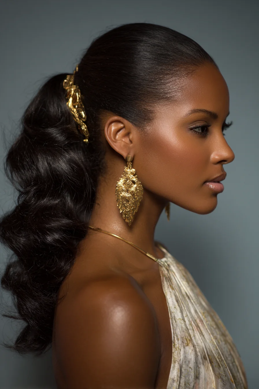 Sleek Wavy High Ponytail with Gold Hair Cuff