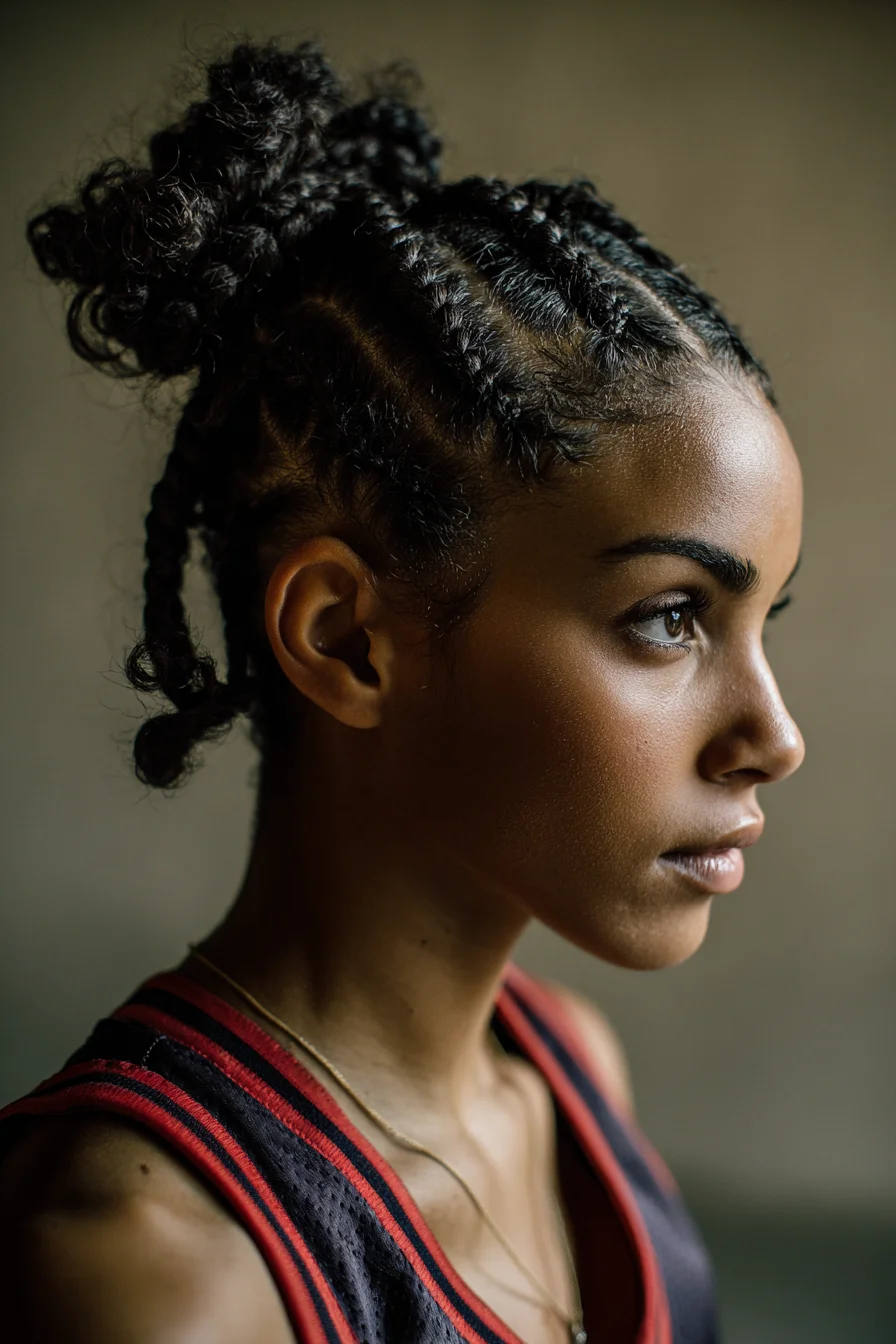 Slim Cornrows into High Textured Bun — Protective Style for Natural Hair