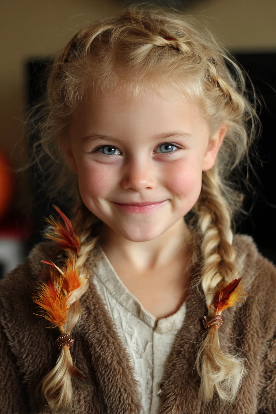 Soft French Crown into Braided Pigtails with Feather Accents