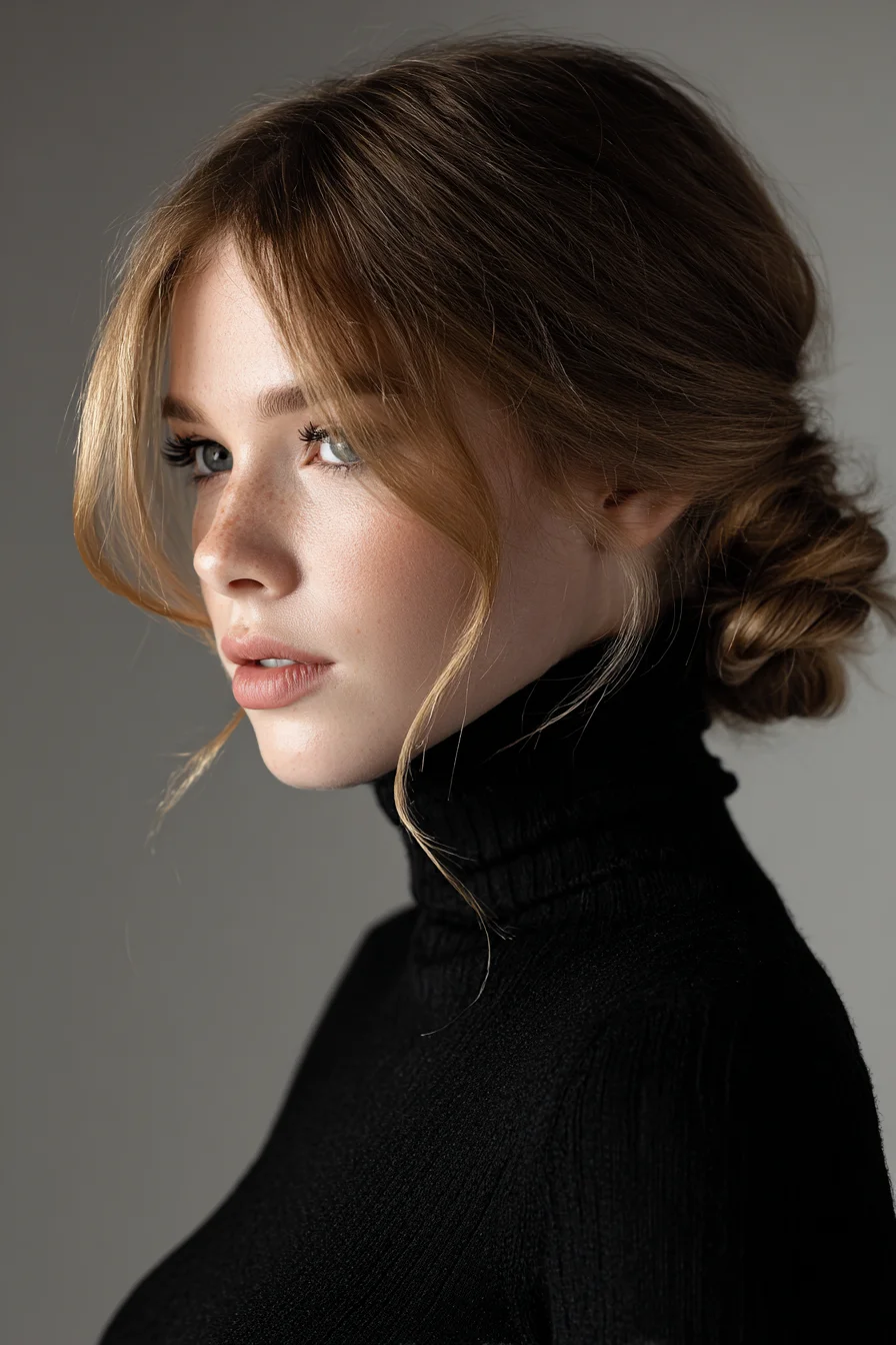 Soft Low Messy Bun with Face-Framing Curtain Bangs