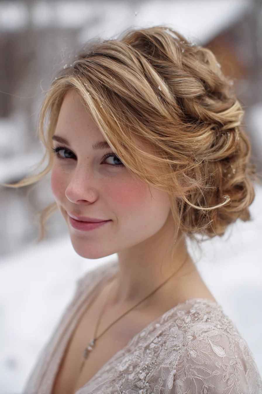 Soft Textured Low Updo with Face‑Framing Tendrils