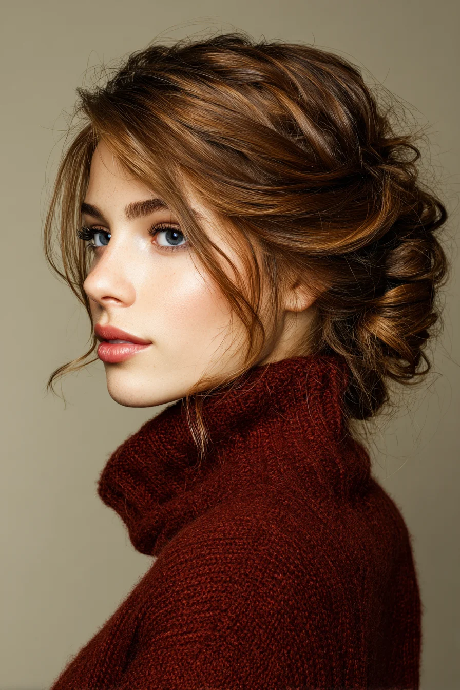 Soft Textured Low Updo with Face‑Framing Tendrils