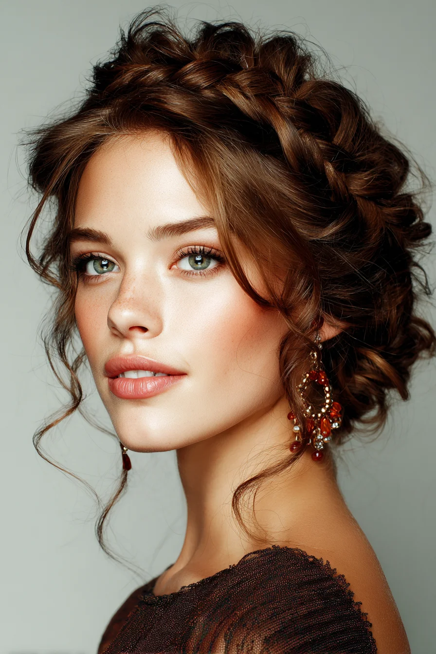 Textured Braided Crown Updo with Face‑Framing Tendrils