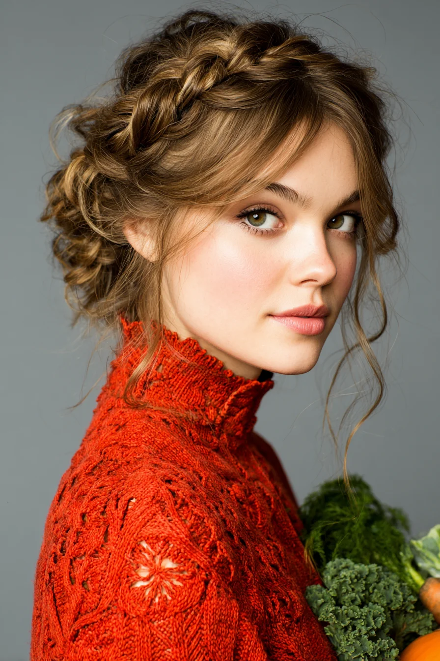 Textured Braided Crown Updo with Face‑Framing Tendrils