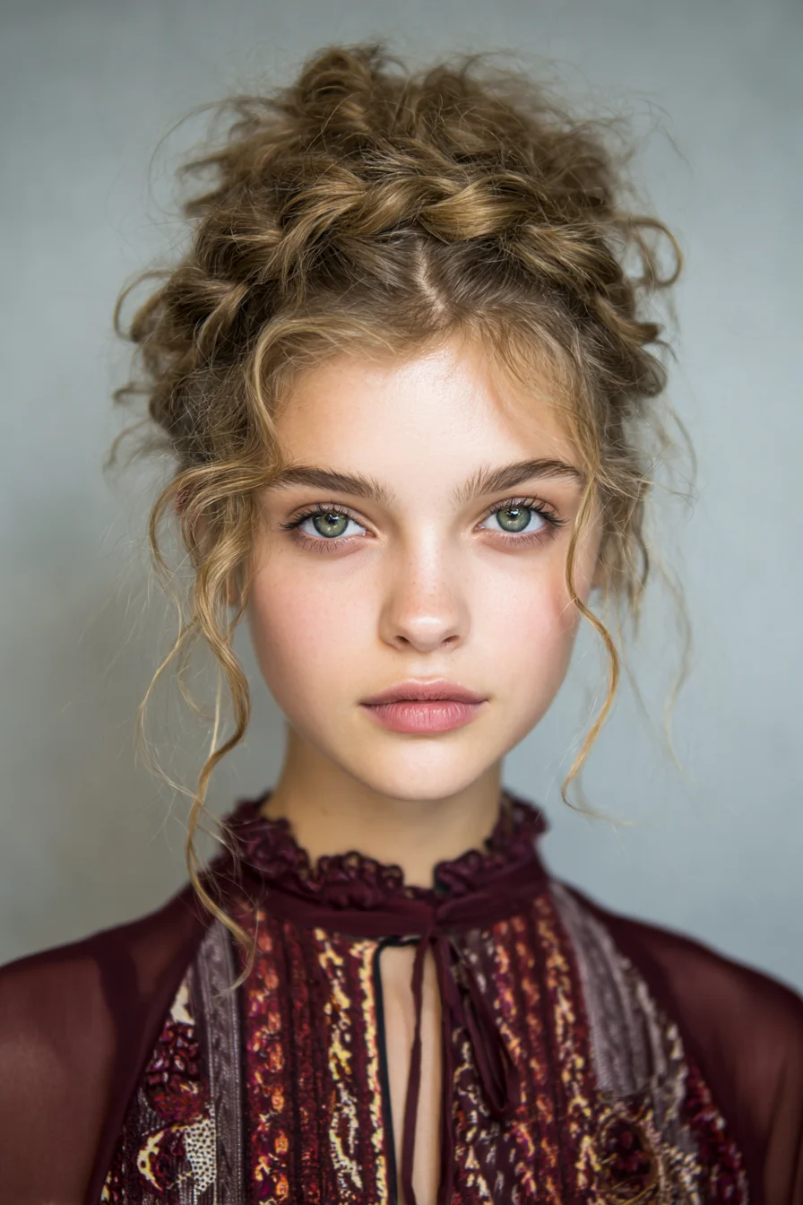 Textured Braided Crown Updo with Loose Face‑Framing Tendrils