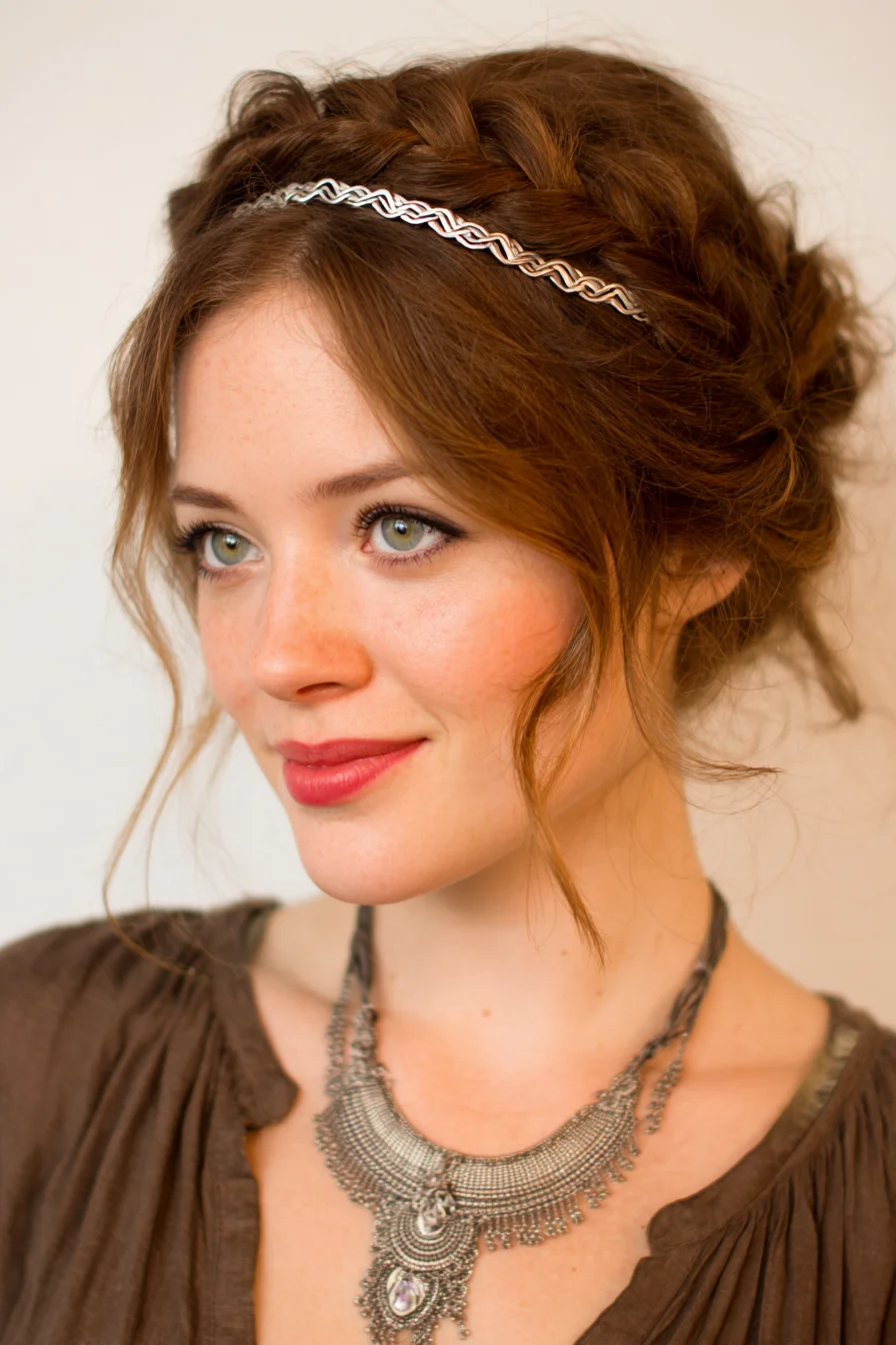 Textured Braided Crown Updo with Soft Face‑Framing Tendrils