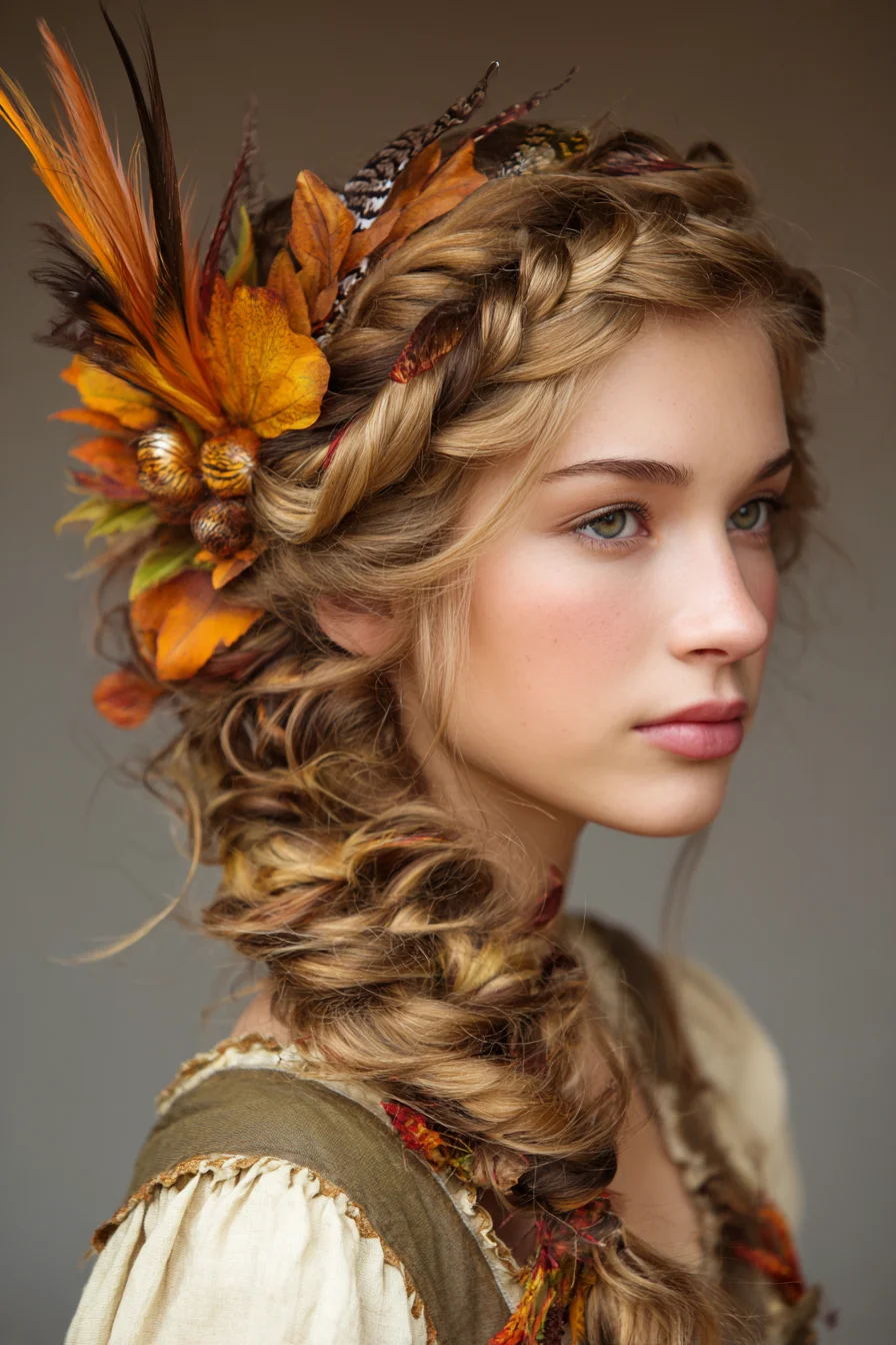 Textured Braided Crown with Loose Fishtail and Autumn Feather Accents