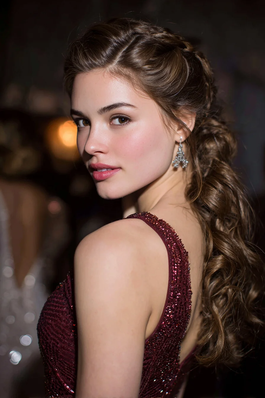 Textured Braided Half-Up with Twisted Crown and Loose Curled Ponytail