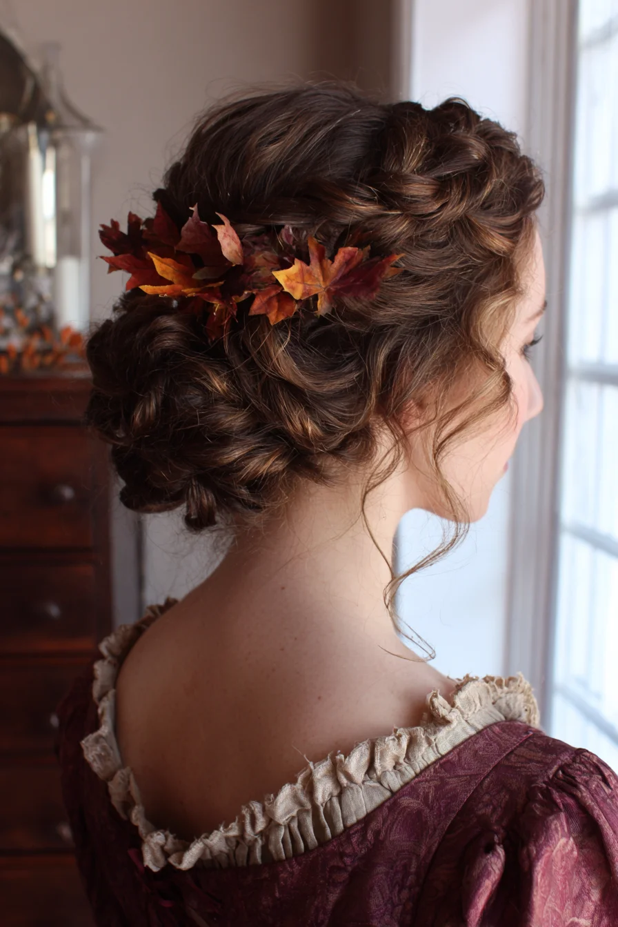 Textured Braided Low Updo with Loose Face‑Framing Tendrils and Autumn Leaf Accent