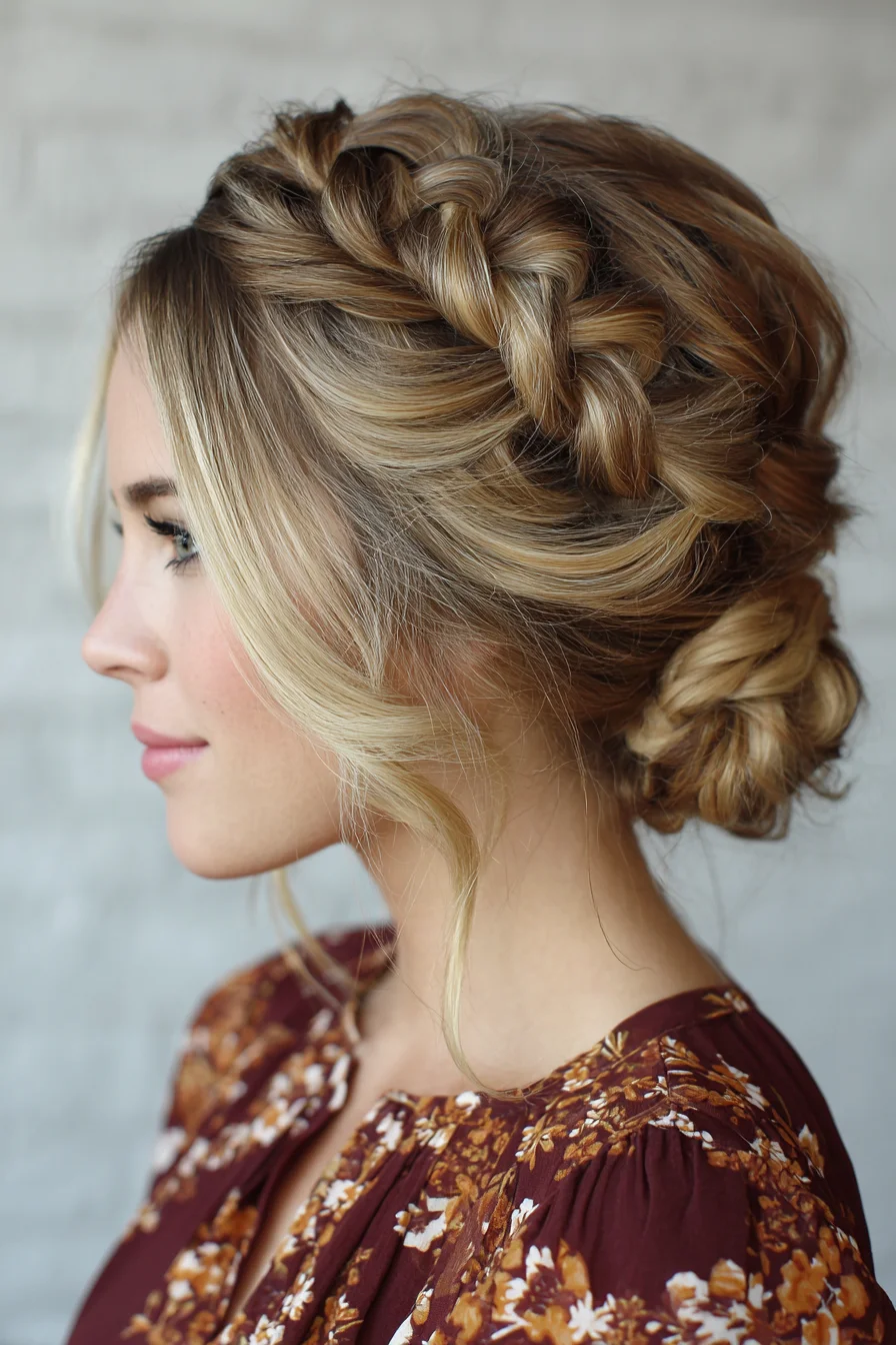 Textured Crown Braid into Low Braided Bun — Romantic Updo for Medium Hair
