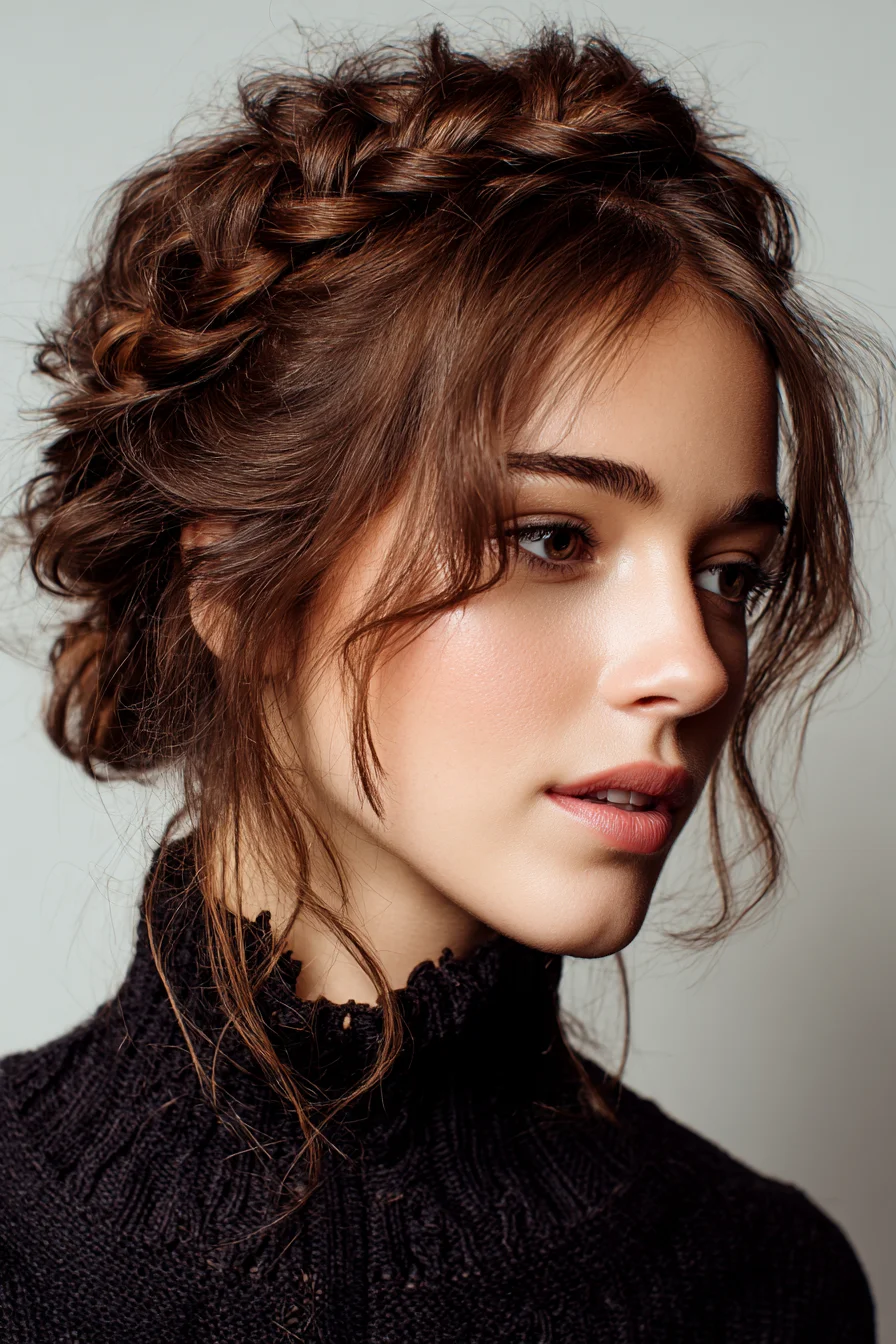 Textured Crown Braid Updo with Face‑Framing Tendrils