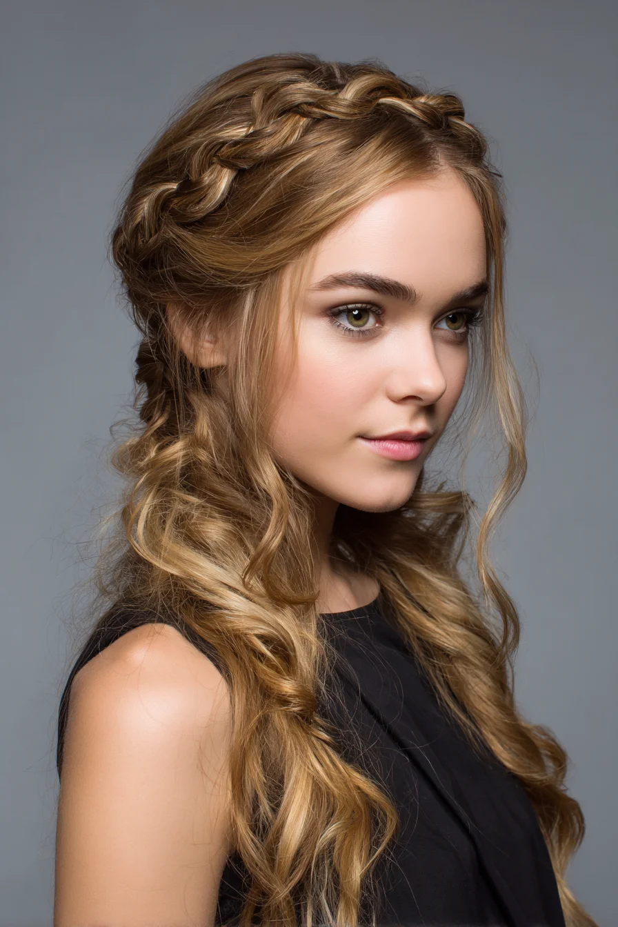 Textured Crown Braid with Loose Romantic Waves