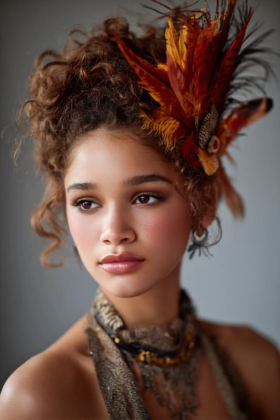 Textured Curly High Updo with Decorative Feather Accent