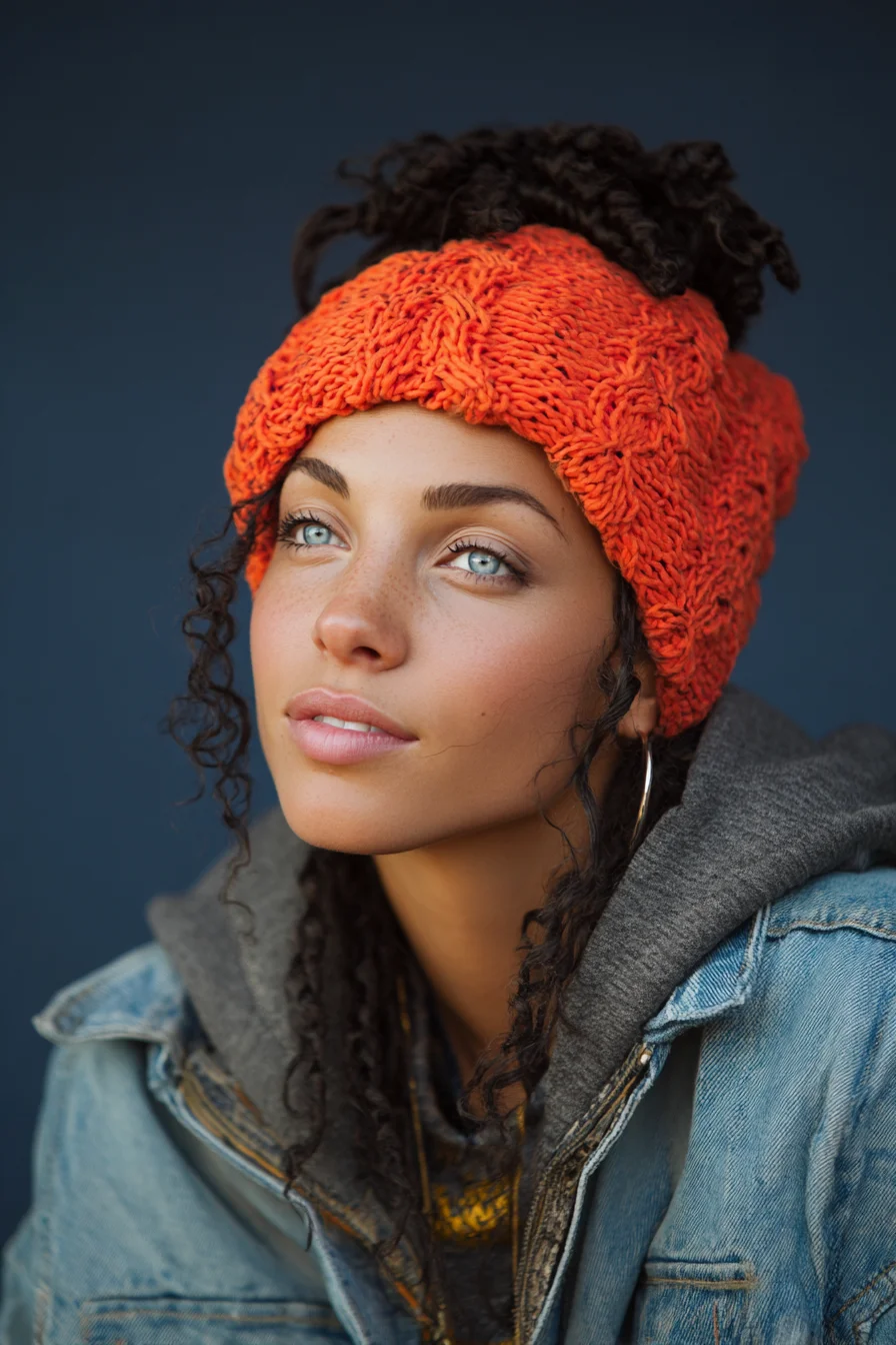 Textured Curly Top Knot with Face‑Framing Curls and Knit Headband