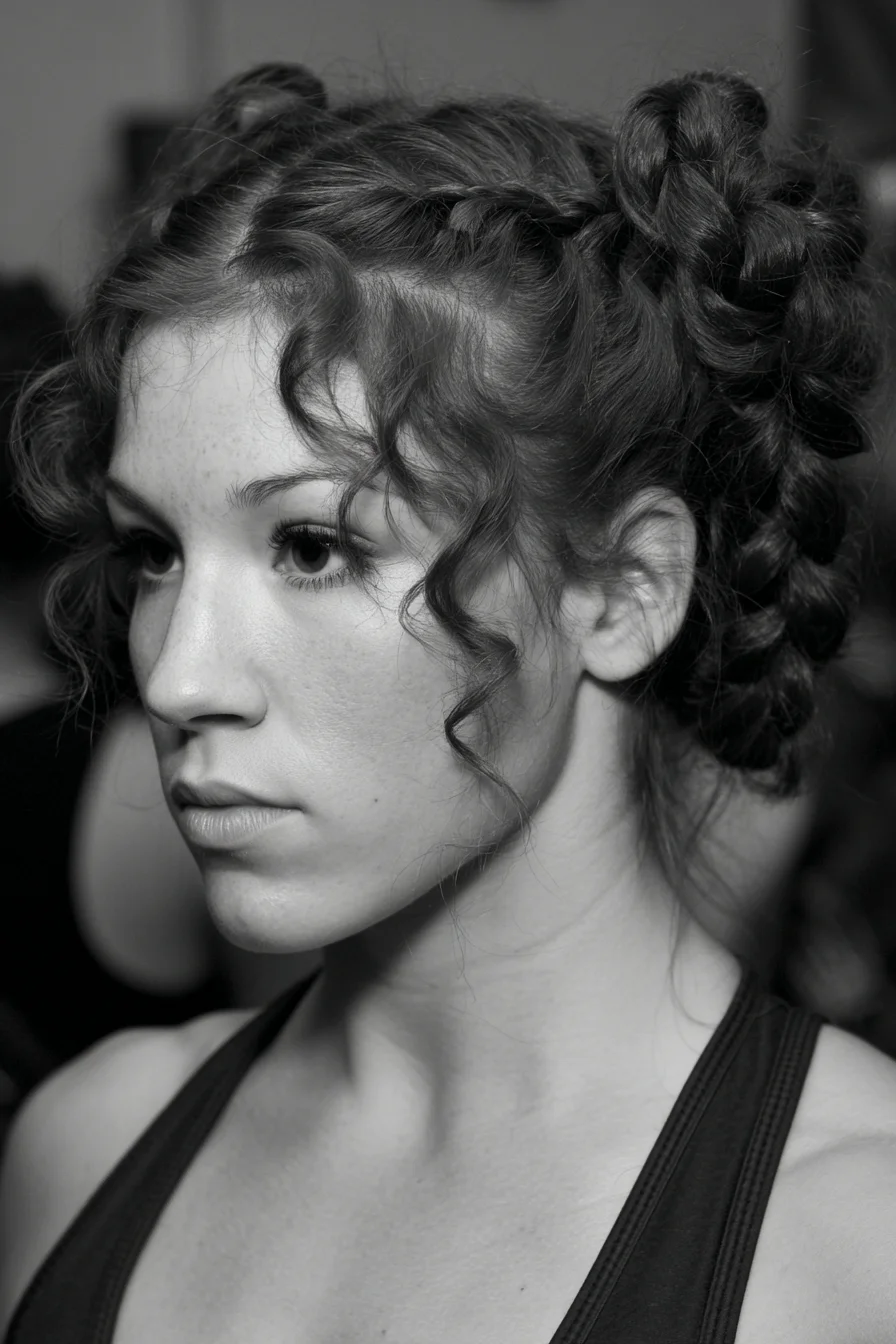 Textured Double Braided Buns with Face‑Framing Tendrils