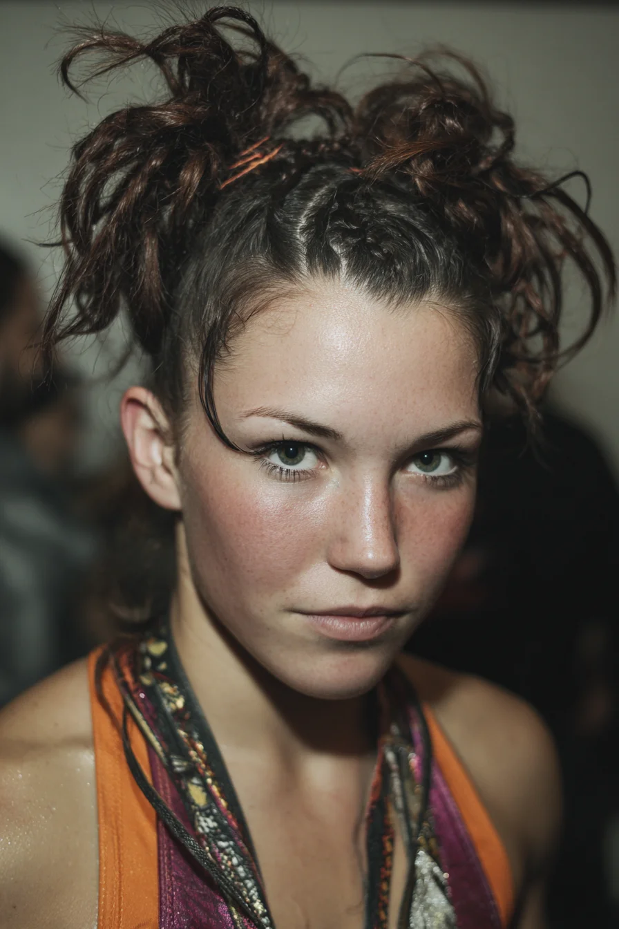 Textured Double Space Buns with Center Cornrows and Face‑Framing Flyaways