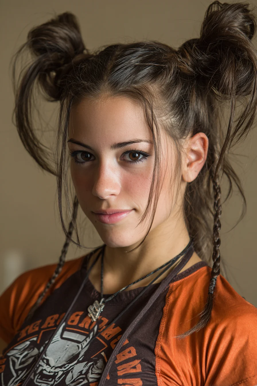 Textured Double Space Buns with Face‑Framing Micro Braids